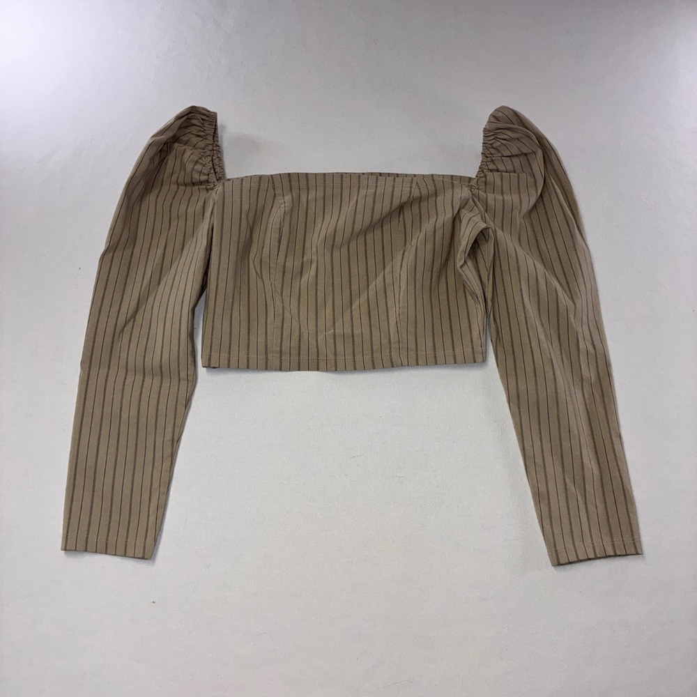 610 Dark Academia Urban Outfitters Crop Top Medium Tan Striped Puff Sleeve